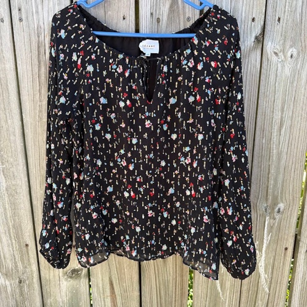 Parisian Chic Boho Sezane Silk Blouse 38 Black Floral Metallic Lurex Top